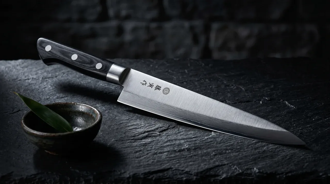 Cuchillo Tojiro Fujitora Sujihiki 240mm de hoja larga y estrecha sobre pizarra oscura, junto a flor de tsubaki y rama de cerezo seco