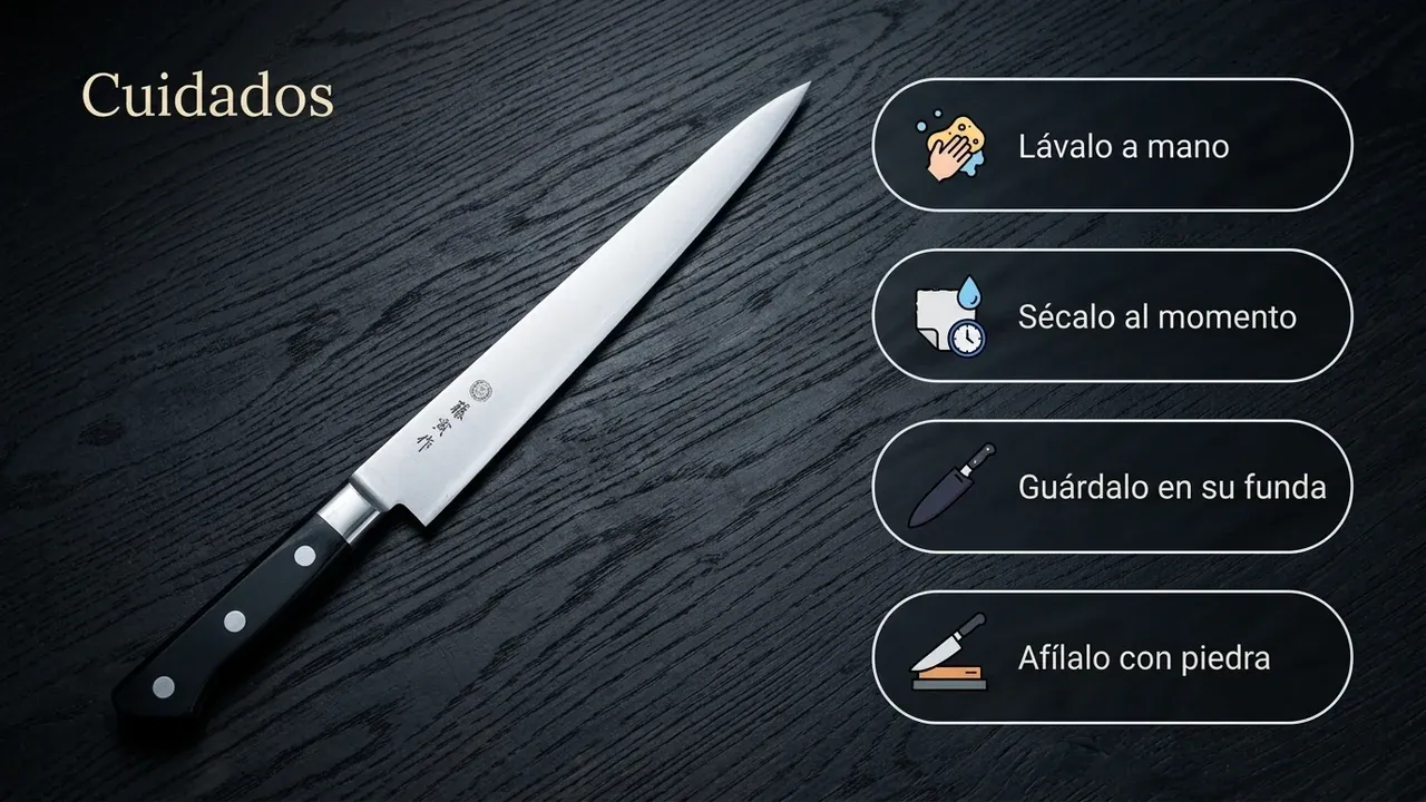 Cuidados del cuchillo Tojiro Fujitora Sujihiki: lavar a mano, secar al momento, guardar en su funda y afilar con piedra al agua