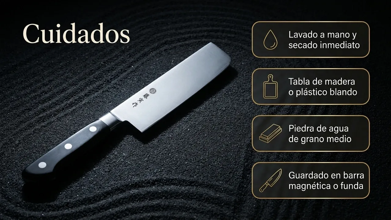 Cuidados del Tojiro Fujitora Usuba sobre piedra zen: lavado a mano, secado inmediato, tabla de madera y piedra de grano medio