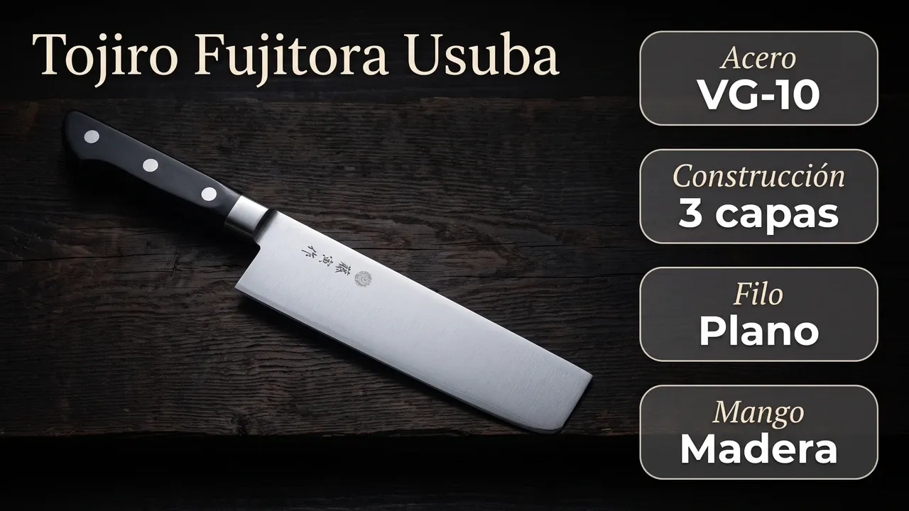 Datos del Tojiro Fujitora Usuba: núcleo VG-10, tres capas forjadas, virola de acero 18-8 y mango de madera compuesta