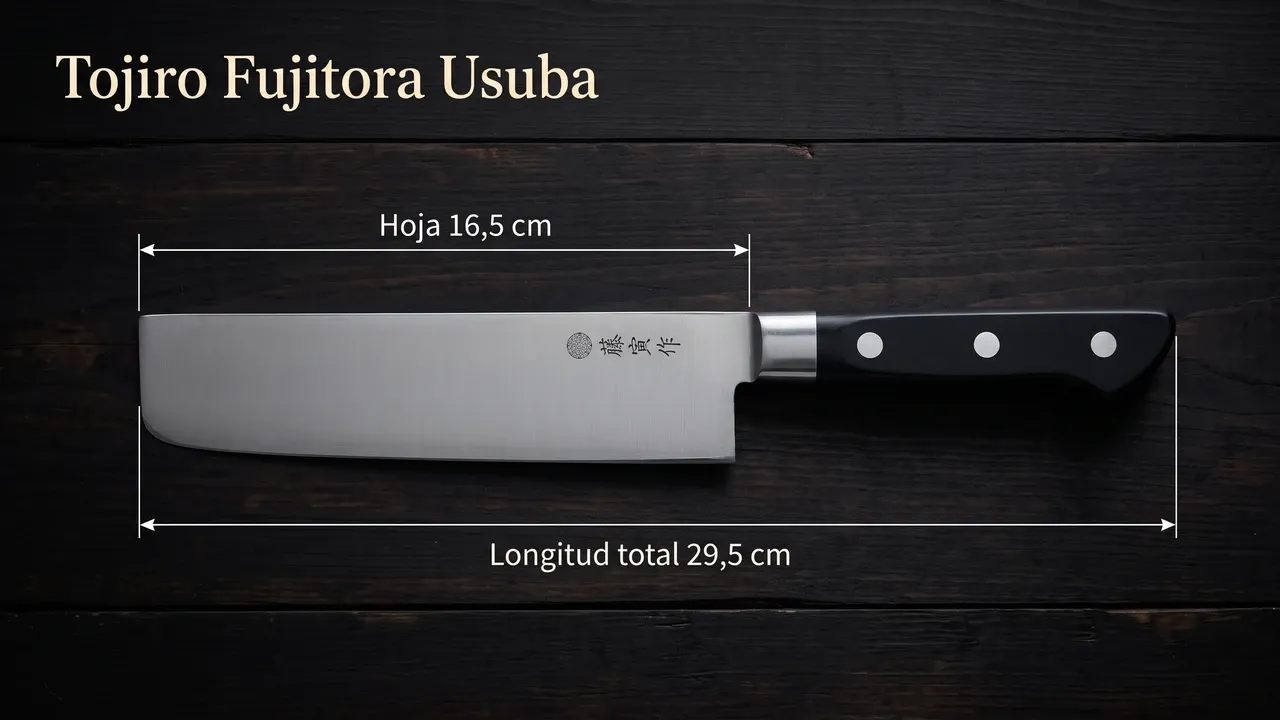 Cotas del Tojiro Fujitora Usuba sobre tablón de hinoki: 16,5 cm de hoja plana y 29,5 cm de longitud total