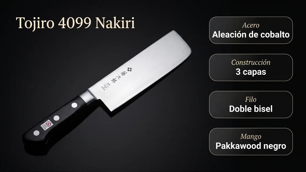 Datos del Tojiro 4099 Nakiri: aleación de cobalto, construcción de 3 capas, doble bisel y mango de pakkawood negro
