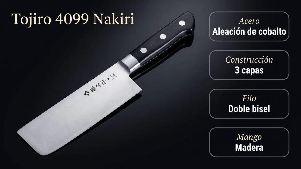 Datos técnicos del Tojiro 4099 Nakiri: acero de aleación de cobalto en 3 capas, filo de doble bisel y mango de madera