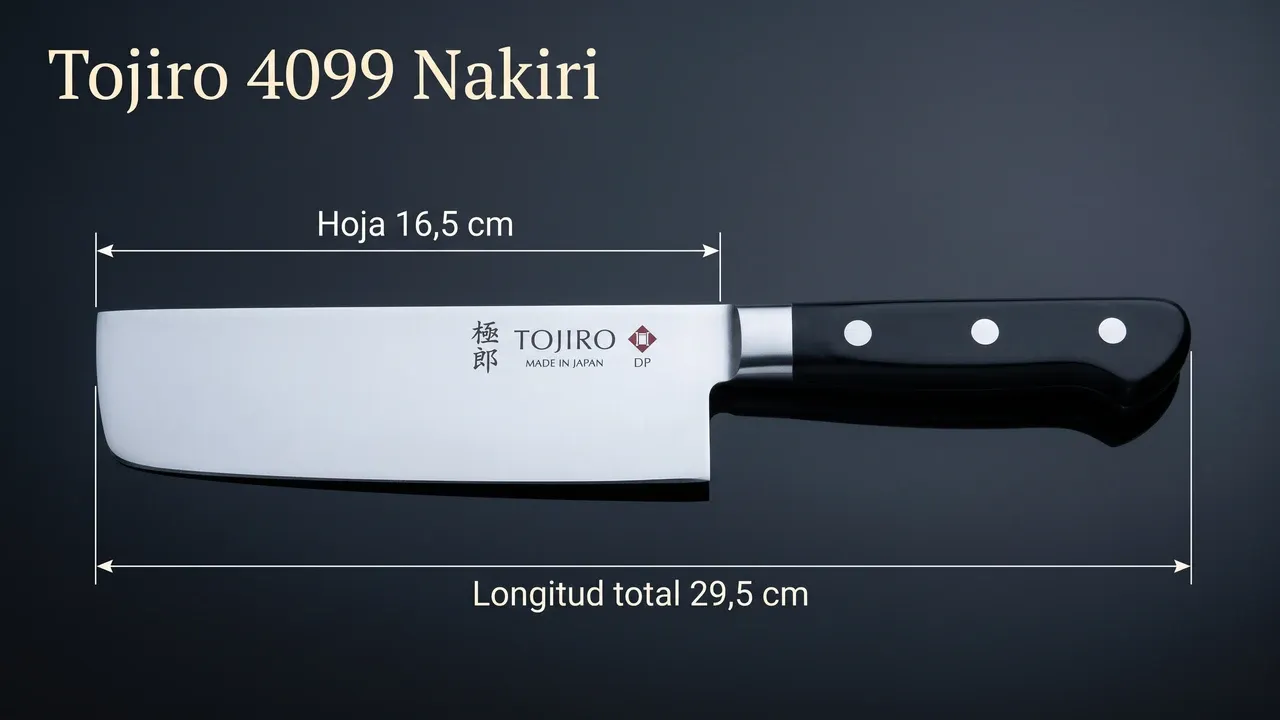 Cotas del Tojiro 4099 Nakiri sobre laca negra: 16,5 cm de hoja recta y 29,5 cm de longitud total
