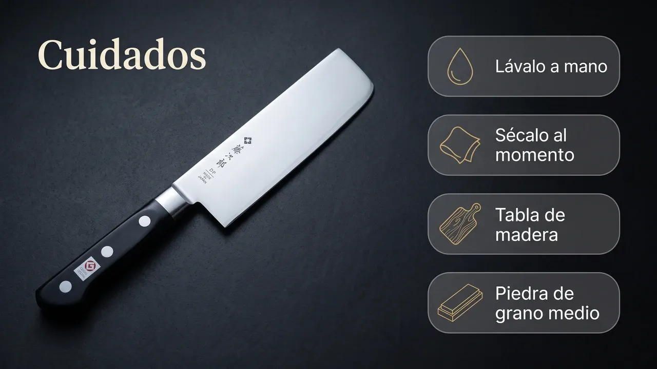 Cuidados del Tojiro 4099 Nakiri sobre cemento pulido: lavado a mano, secado inmediato, tabla de madera y piedra de grano medio
