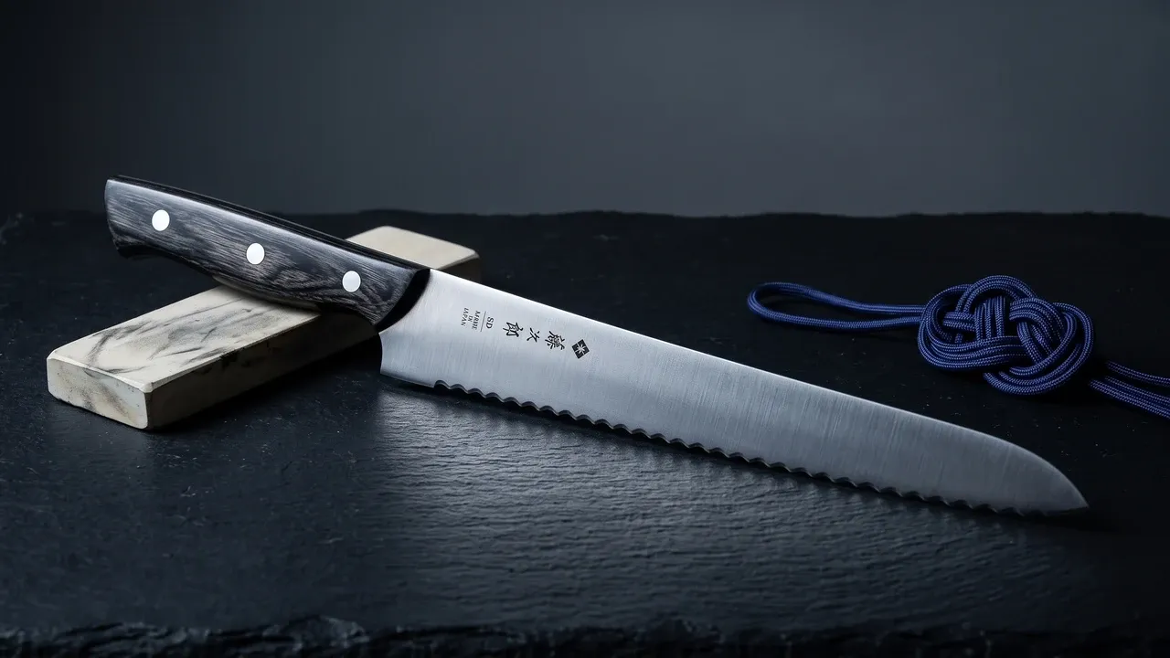 Cuchillo de pan Tojiro de 27 cm con filo ondulado y mango negro de pakkawood sobre pizarra gris muy oscura, junto a un fragmento de piedra de afilar y un nudo de cuerda de seda índigo