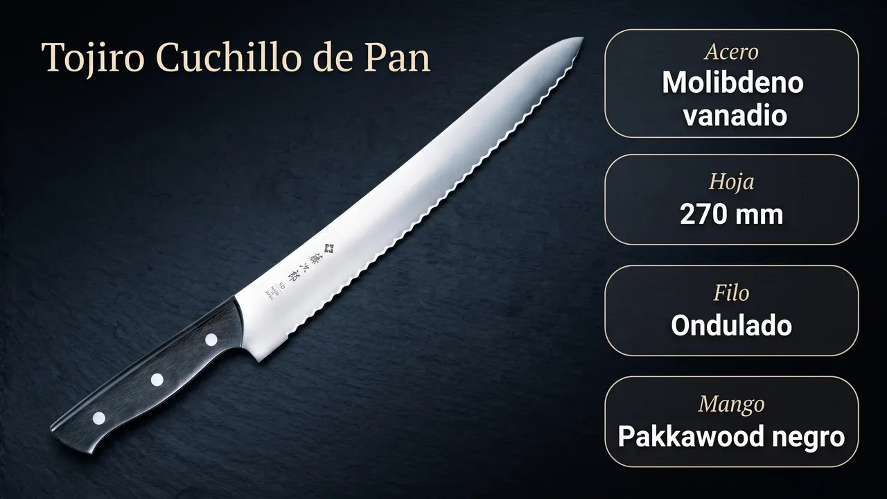 Datos del cuchillo de pan Tojiro: acero al molibdeno vanadio, hoja de 270 mm, filo ondulado y mango de pakkawood negro