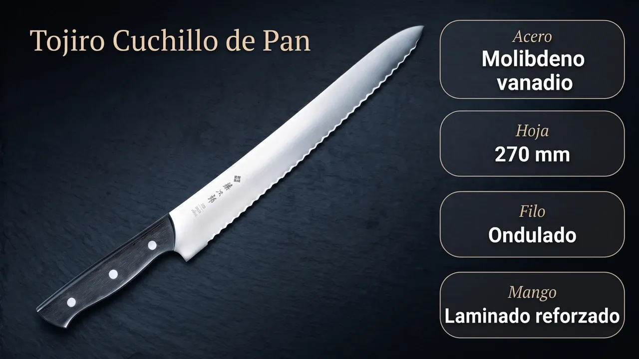 Datos del cuchillo de pan Tojiro F-687: acero al molibdeno vanadio, hoja de 270 mm, filo ondulado y mango laminado reforzado