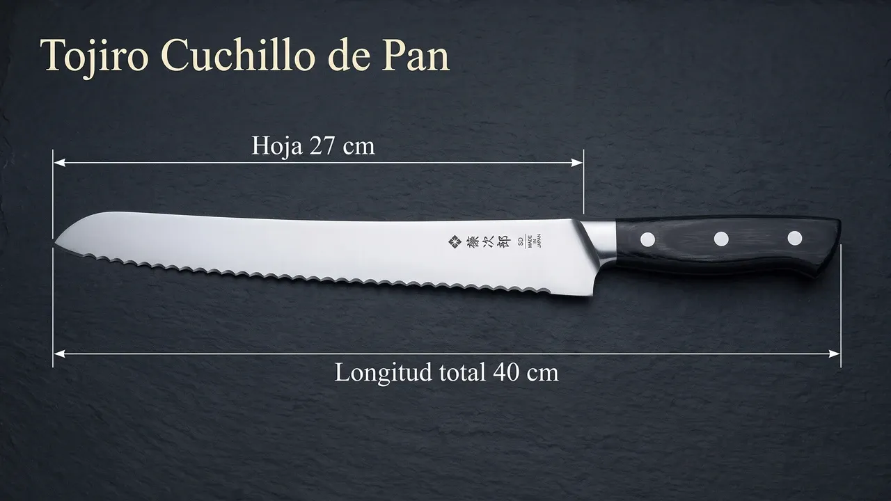Cotas del cuchillo de pan Tojiro sobre pizarra: 27 cm de hoja dentada y 40 cm de longitud total