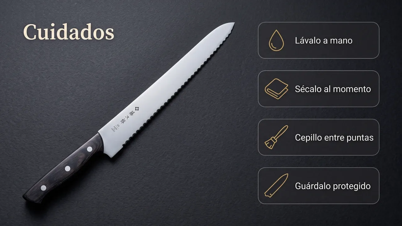 Cuidados del cuchillo de pan Tojiro sobre papel texturado: lavado a mano, secado, cepillo entre las puntas del dentado y guardado protegido