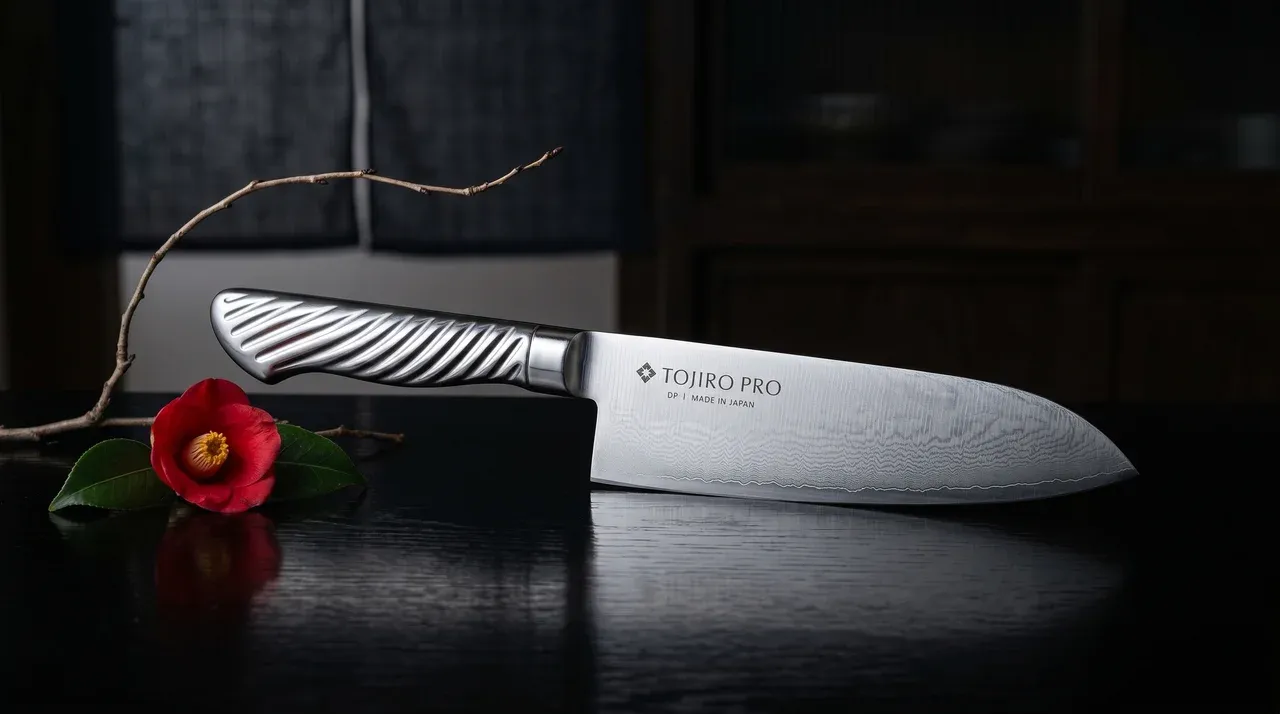 Tojiro PRO F-895 Santoku 170 mm con mango de acero inoxidable sobre superficie de pizarra oscura
