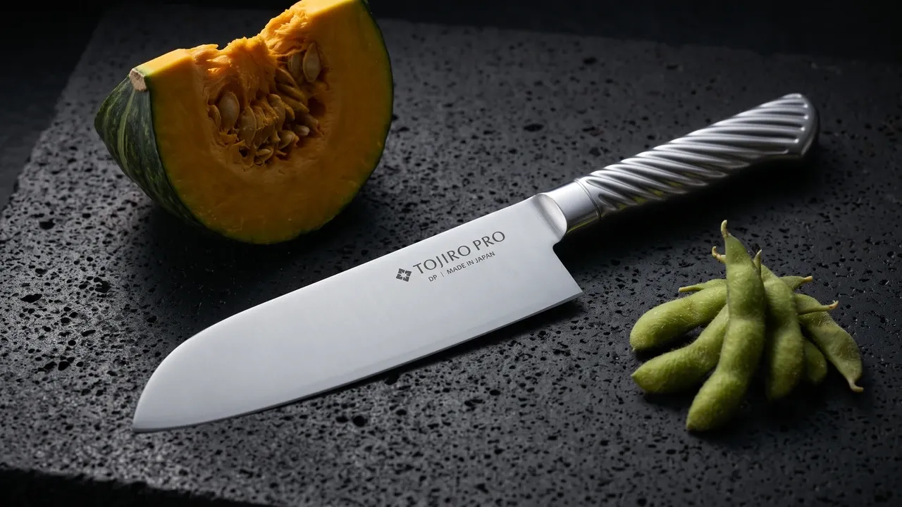 Tojiro PRO F-895 Santoku de 17 cm con hoja lisa y mango de metal sobre piedra volcánica, junto a una cuña de calabaza kabocha y vainas de edamame