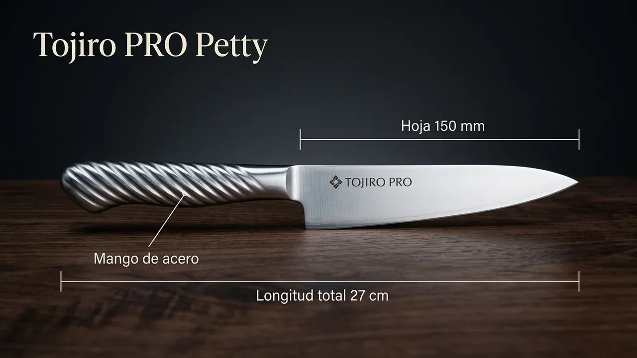 Medidas del cuchillo Tojiro PRO Petty: 150 mm de hoja, 27 cm de longitud total y mango de acero inoxidable de una sola pieza