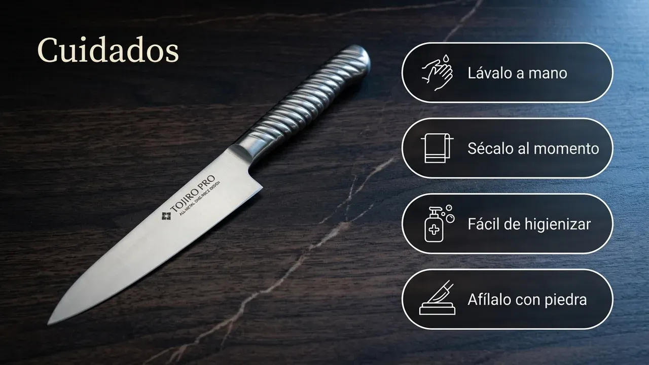 Cuidados del cuchillo Tojiro PRO Petty de mango de acero: lavar a mano, secar al momento, fácil de higienizar y afilar con piedra
