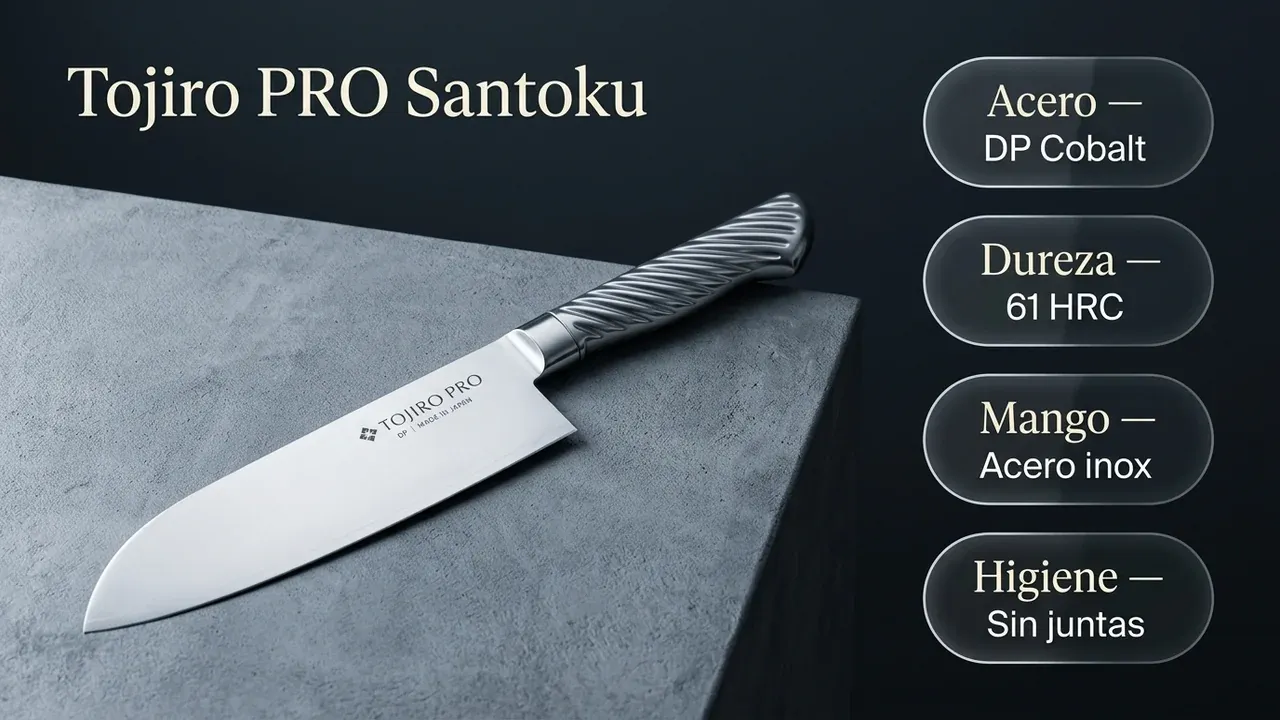 Ficha técnica del Tojiro PRO F-895 Santoku: acero DP Cobalt Alloy, 61 HRC de dureza, mango de acero inoxidable sin juntas e higiénico