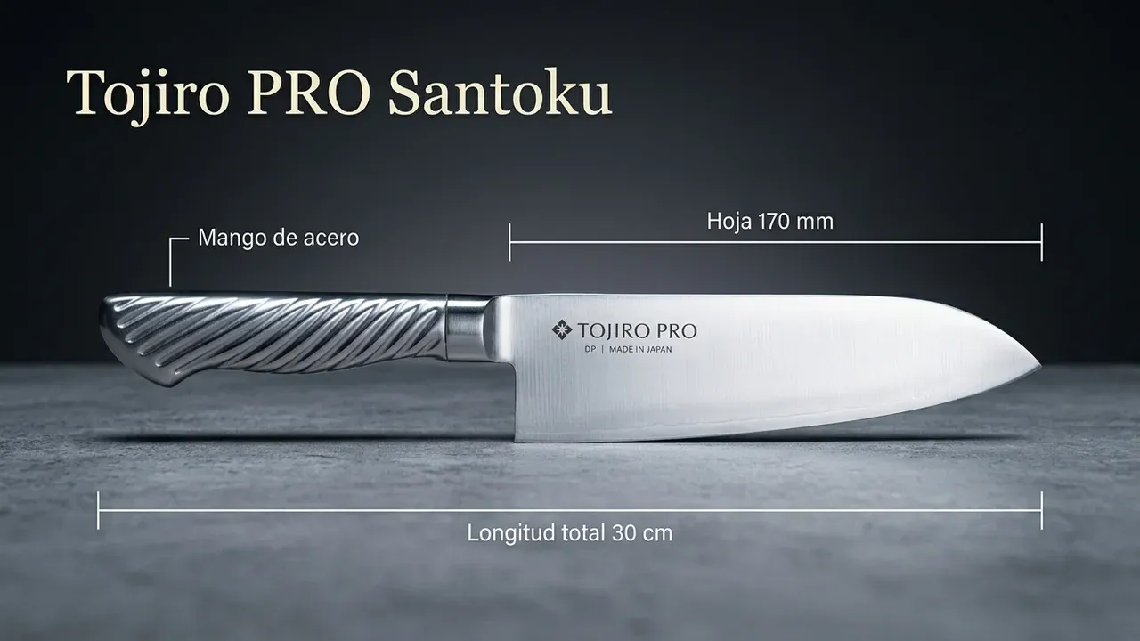 Medidas del cuchillo Tojiro PRO F-895 Santoku: 170 mm de hoja, 30 cm de longitud total y mango de acero inoxidable de una pieza
