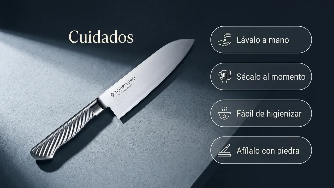 Cuidados del cuchillo Tojiro PRO F-895 Santoku de mango de acero: lavar a mano, secar al momento, fácil de higienizar y afilar con piedra