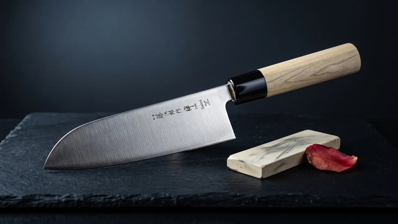 Cuchillo Tojiro Zen Santoku con mango wa de magnolia clara y virola negra sobre pizarra oscura, junto a una piedra de afilar y un pétalo de tsubaki