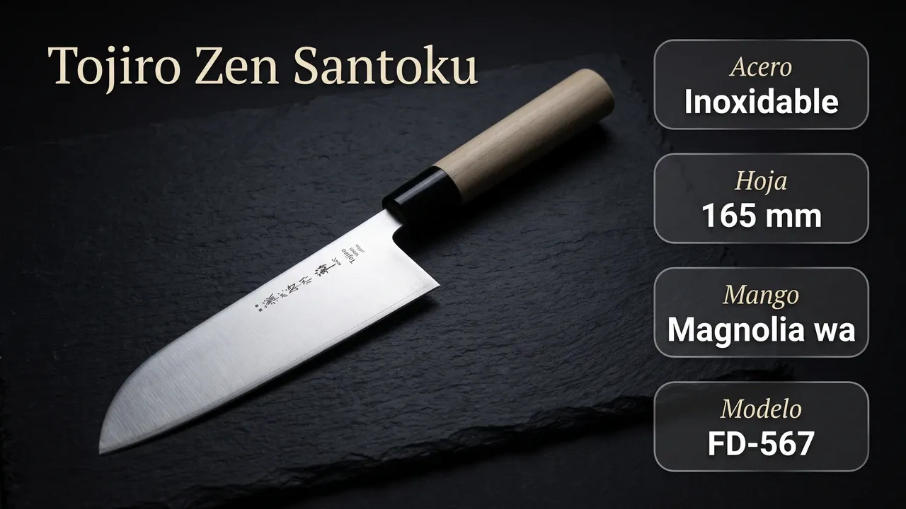 Datos del Tojiro Zen FD-567: acero inoxidable, hoja de 165 mm y mango wa de magnolia sin lacar