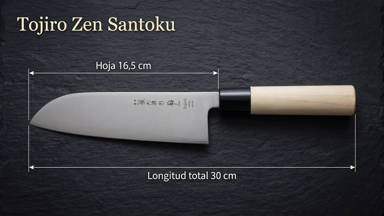 Cotas del Tojiro Zen Santoku sobre pizarra: 16,5 cm de hoja y 30 cm de longitud total hasta el mango de magnolia