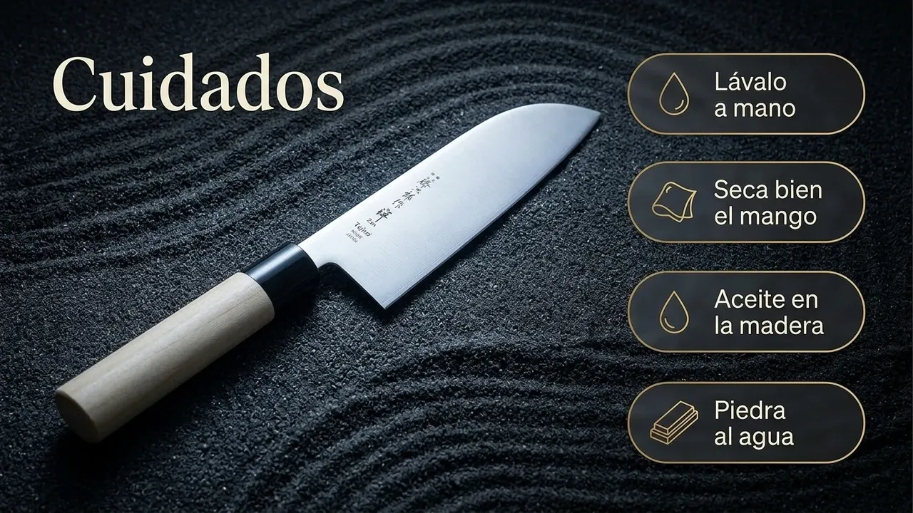 Cuidados del Tojiro Zen Santoku sobre arena zen: lavado a mano, secado del mango de madera, aceite en la magnolia y piedra al agua