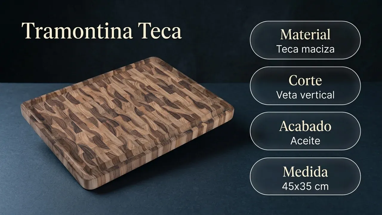 Ficha técnica de la tabla Tramontina de teca: madera maciza, corte a veta vertical (end grain), acabado en aceite y medida de 45x35 cm