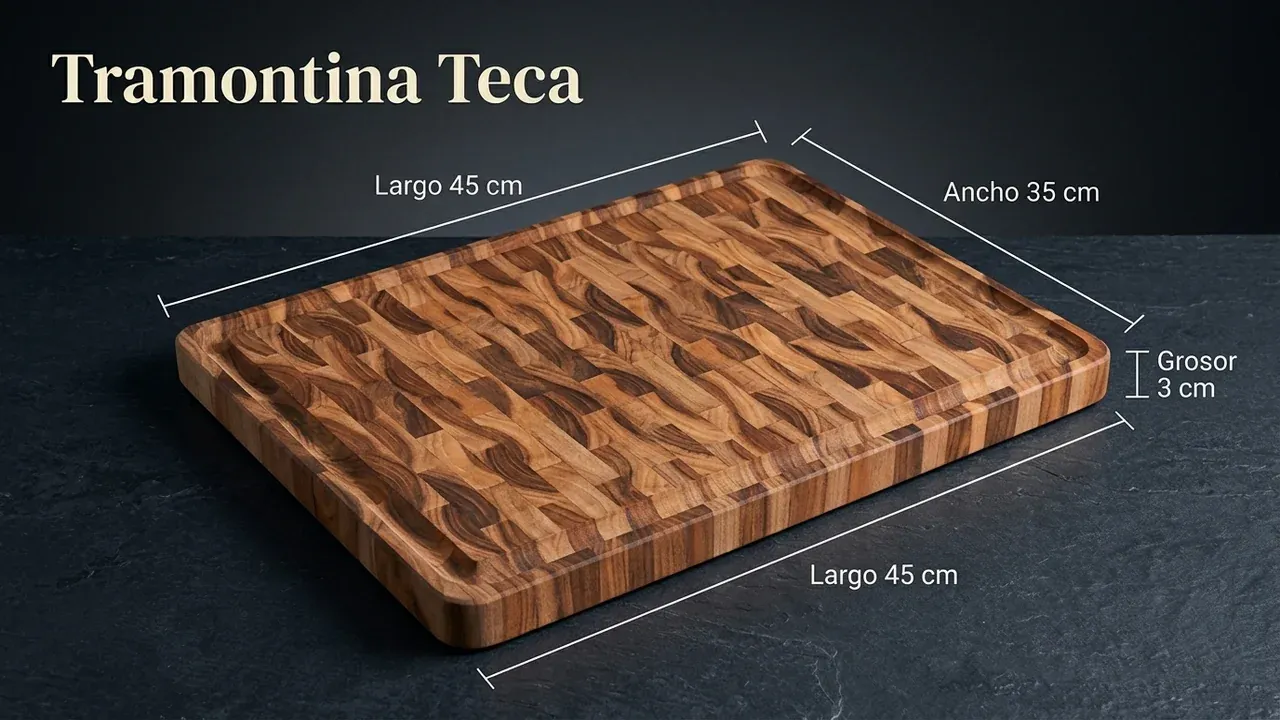 Medidas de la tabla de corte Tramontina de teca: 45 cm de largo, 35 cm de ancho y 3 cm de grosor en madera maciza