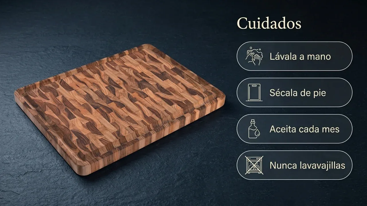 Cuidados de la tabla de corte Tramontina de teca: lavar a mano, secar de pie, aceitar cada mes y nunca meter en el lavavajillas