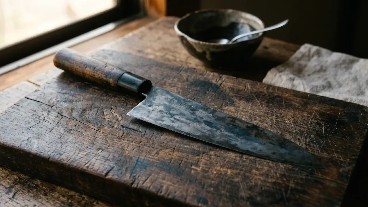 Cuchillo japonés de acero al carbono con pátina oscura sobre tabla de madera desgastada, luz cálida lateral