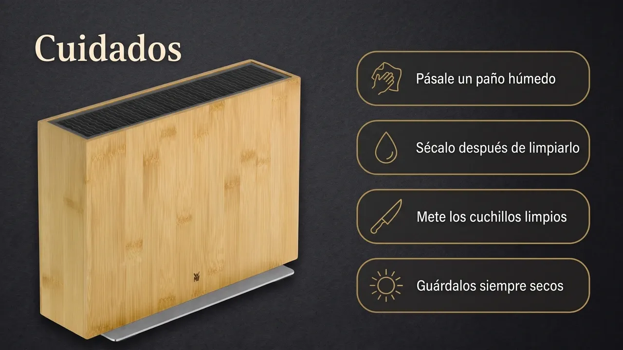 Cuidados del bloque WMF Flextec de bambú: un paño húmedo, secarlo después de limpiarlo, meter los cuchillos limpios y guardarlos siempre secos