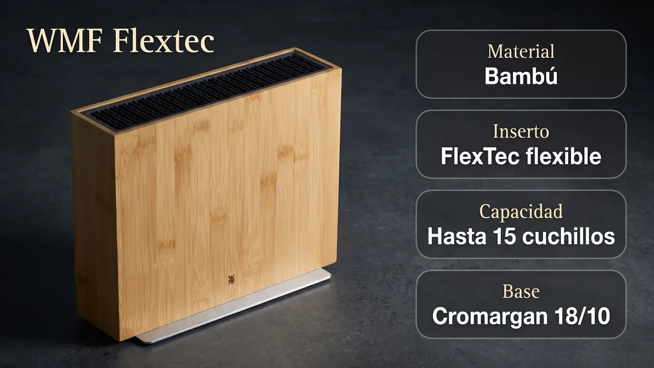 Ficha técnica del bloque WMF Flextec 1893874500: cuerpo de bambú, inserto FlexTec flexible, capacidad para hasta 15 cuchillos y base de Cromargan 18/10