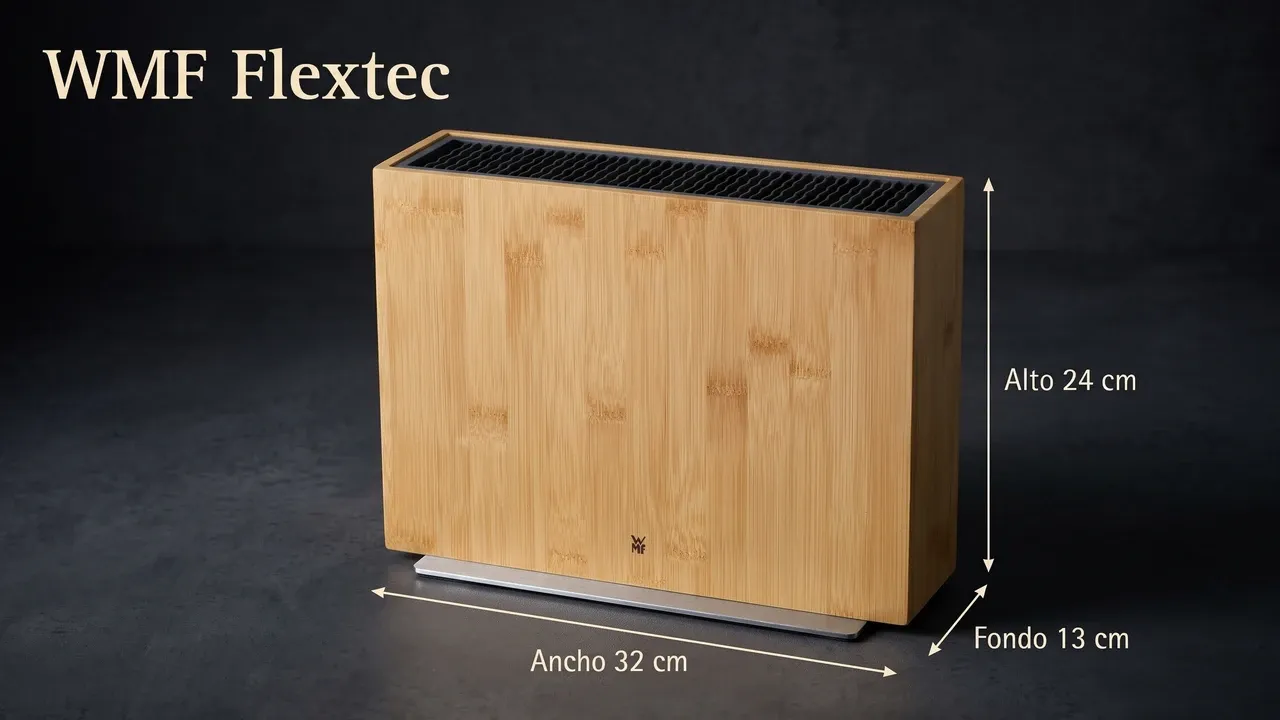 Medidas del bloque WMF Flextec de bambú: 32 cm de ancho, 24 cm de alto y 13 cm de fondo, acotado sobre cemento pulido