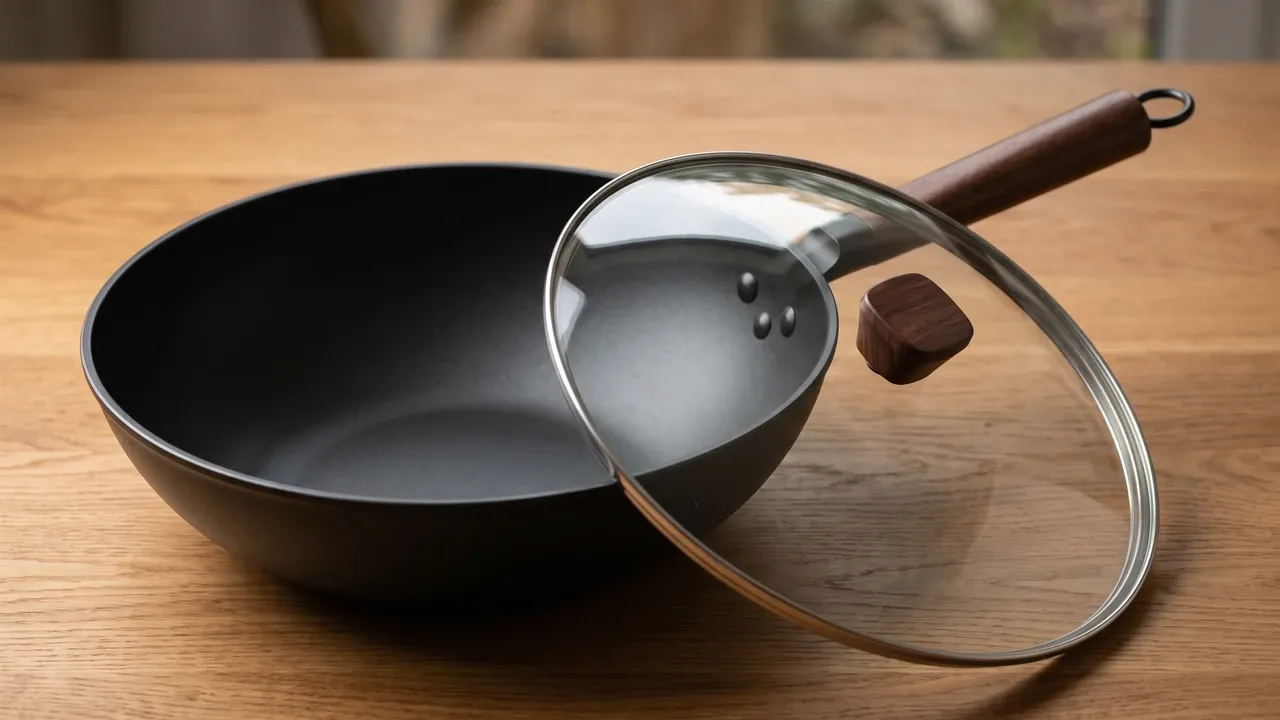 Jobin 33 cm con tapa de vidrio, wok de acero al carbono de 33 cm