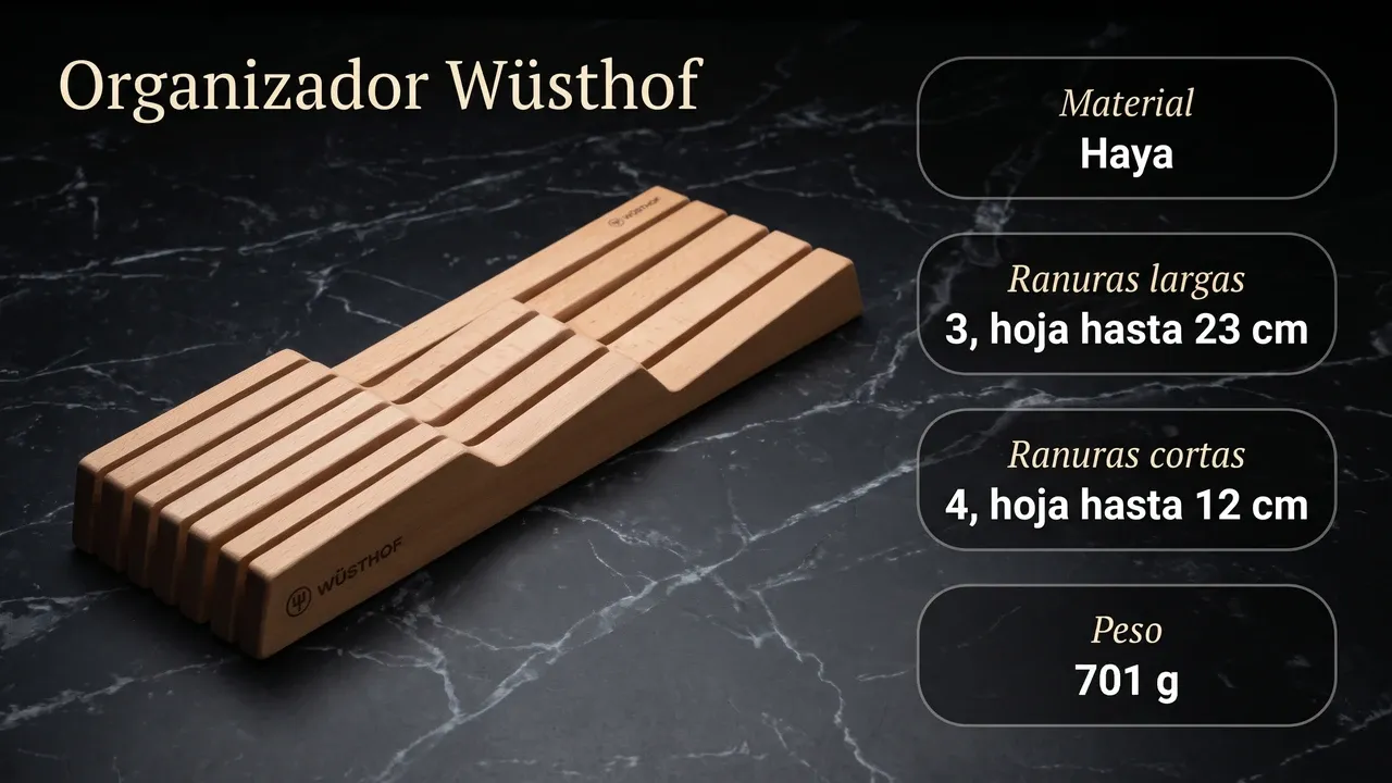 Ficha técnica del organizador de cajón Wüsthof 2159620701: madera de haya, tres ranuras para hojas de hasta 23 cm, cuatro para hojas de hasta 12 cm y 701 g de peso