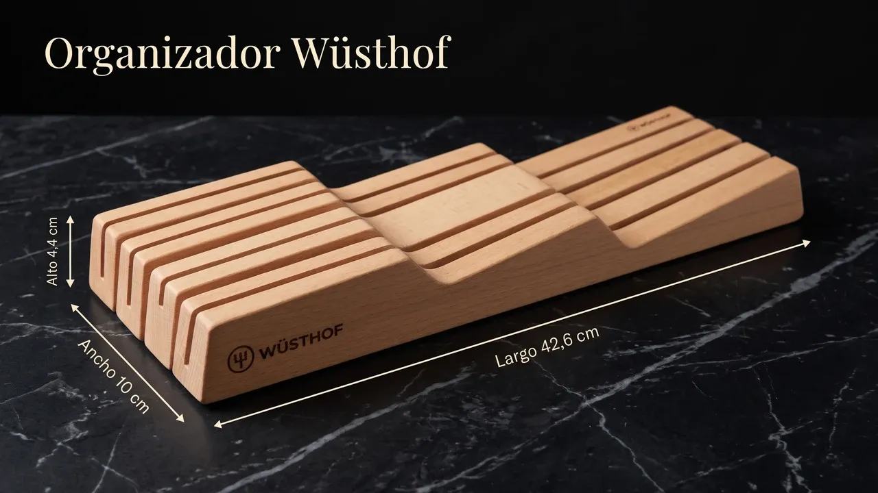 Medidas del organizador de cajón Wüsthof de haya: 42,6 cm de largo, 10 cm de ancho y 4,4 cm de alto, acotado sobre mármol negro