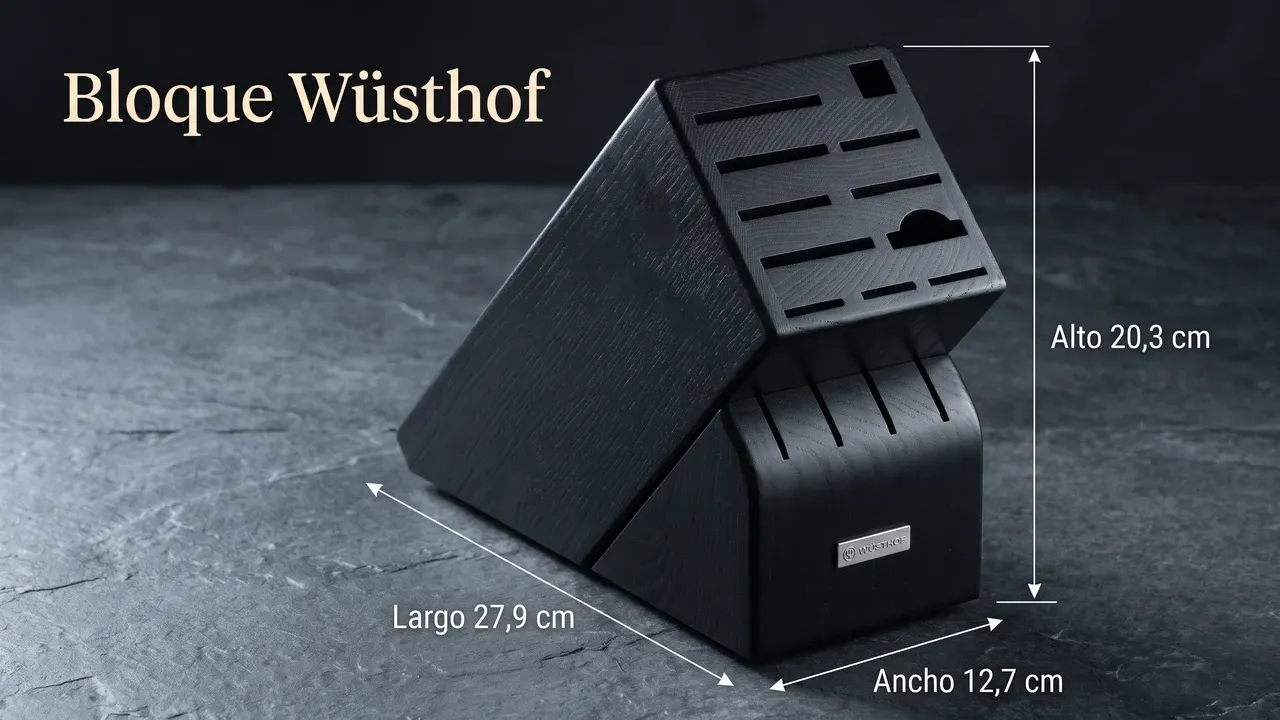 Medidas del bloque Wüsthof negro de 15 ranuras: 27,9 cm de largo, 12,7 cm de ancho y 20,3 cm de alto, acotado sobre pizarra