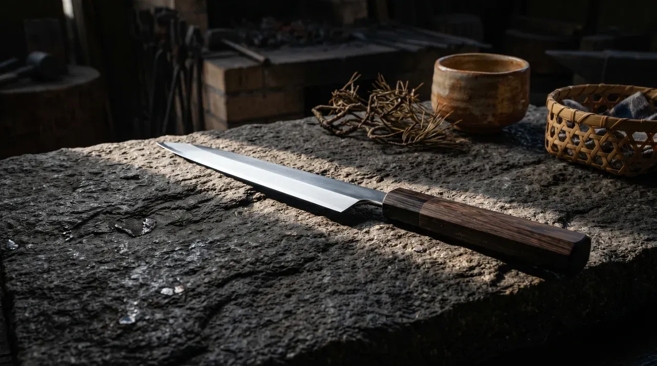 Cuchillo Yanagiba japonés de hoja larga y estrecha sobre granito oscuro con taza de matcha, rama de pino seco y cesta de bambú trenzado