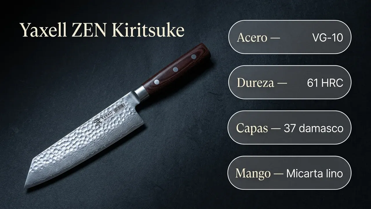 Ficha técnica del Yaxell ZEN Kiritsuke: núcleo VG-10, 61 HRC de dureza, 37 capas de damasco y mango de micarta de lino rojo