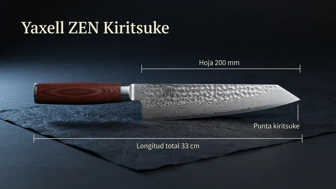 Medidas del cuchillo Yaxell ZEN Kiritsuke: 200 mm de hoja, 33 cm de longitud total y punta angular característica del kiritsuke