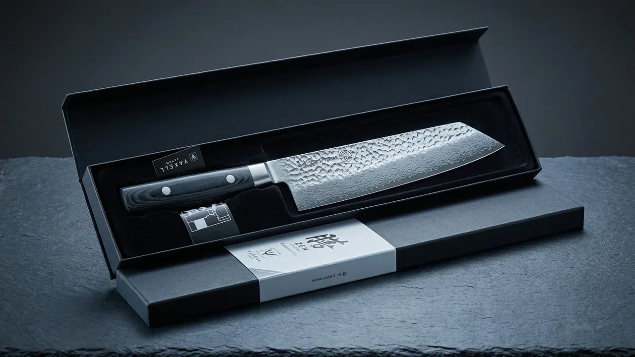 Cuchillo Yaxell ZEN Kiritsuke de 20 cm en su estuche de regalo negro, con la hoja de damasco martillado y el mango de micarta de lino rojo