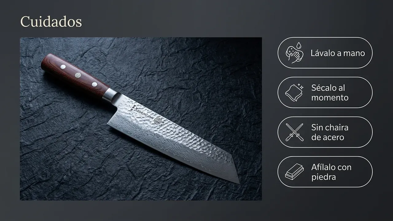 Cuidados del cuchillo Yaxell ZEN Kiritsuke: lavar a mano, secar al momento, sin chaira de acero y afilar con piedra al agua