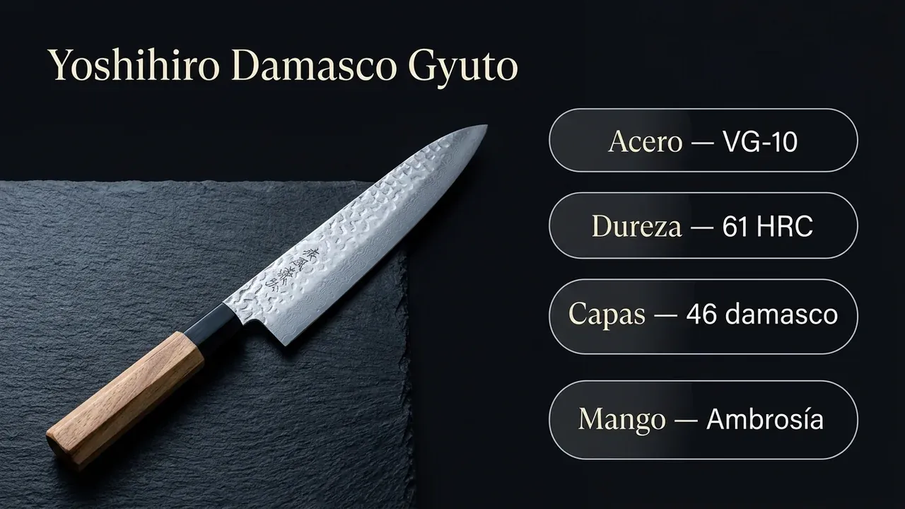 Ficha técnica del Yoshihiro Damasco Gyuto: núcleo VG-10, 61 HRC de dureza, 46 capas de damasco martillado y mango de ambrosía