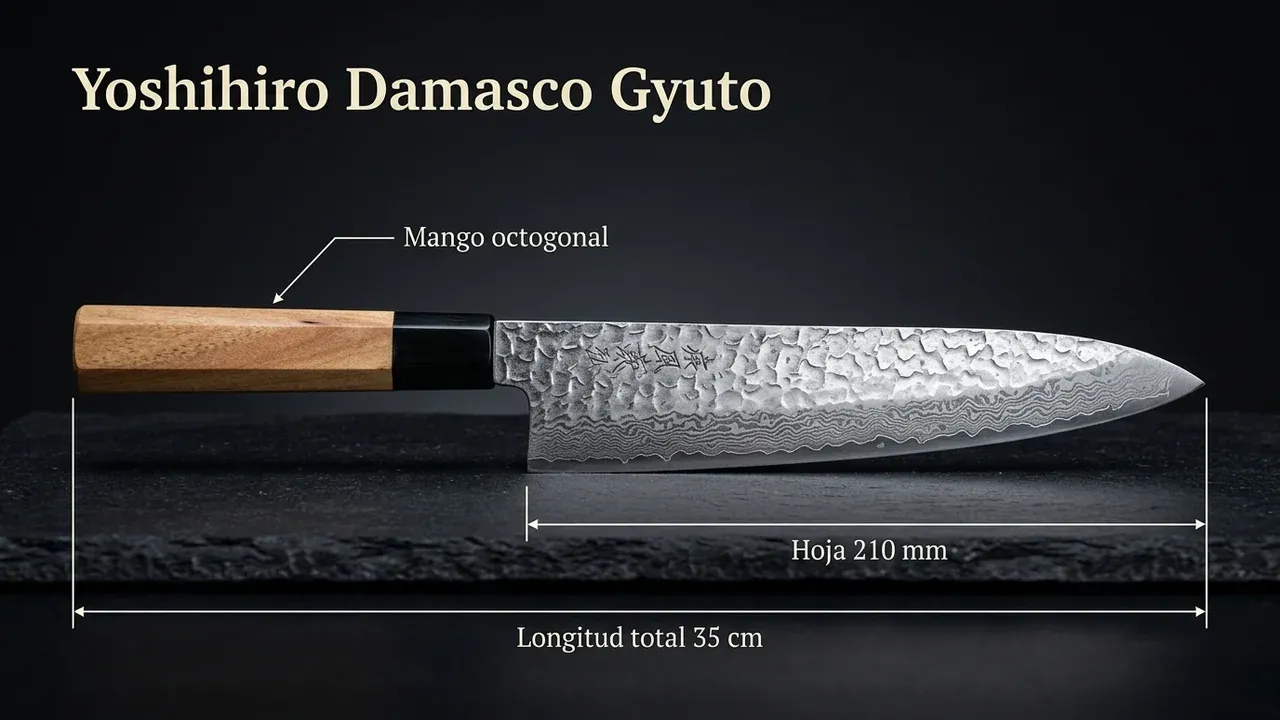 Medidas del cuchillo Yoshihiro Damasco Gyuto: 210 mm de hoja, 35 cm de longitud total y mango octogonal de madera de ambrosía