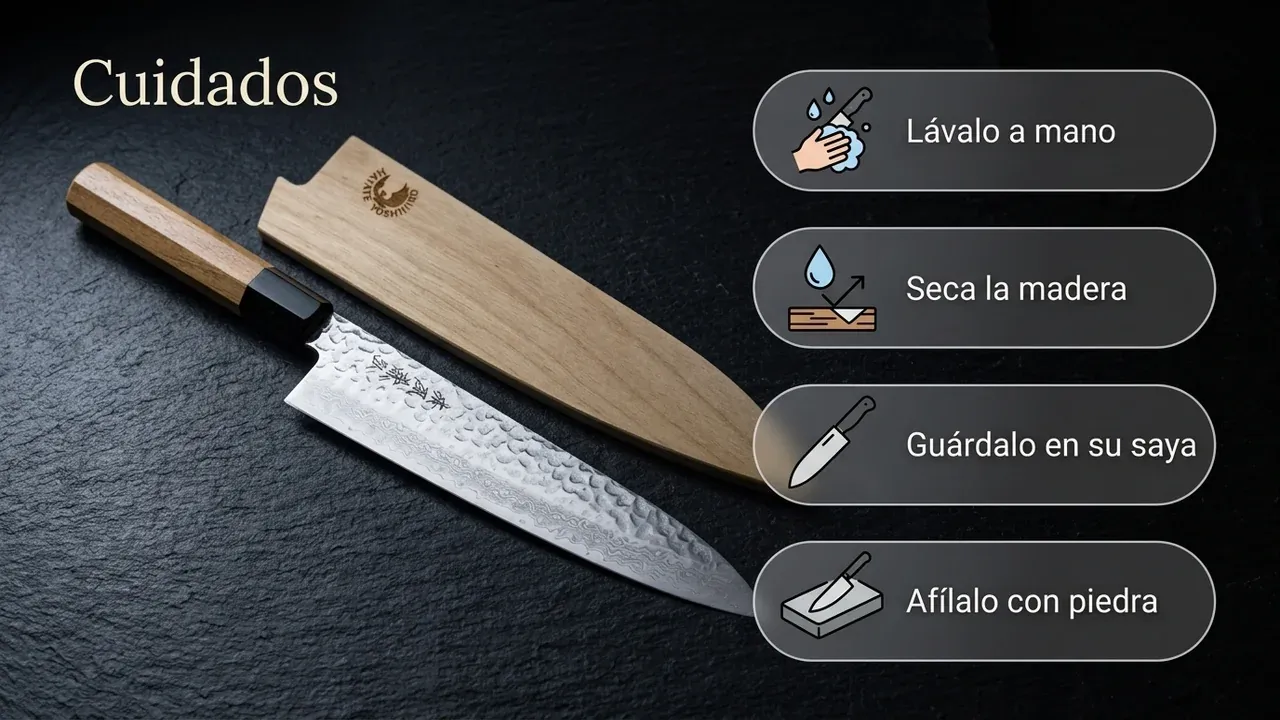 Cuidados del cuchillo Yoshihiro Damasco Gyuto: lavar a mano, secar la madera, guardar en su saya y afilar con piedra al agua