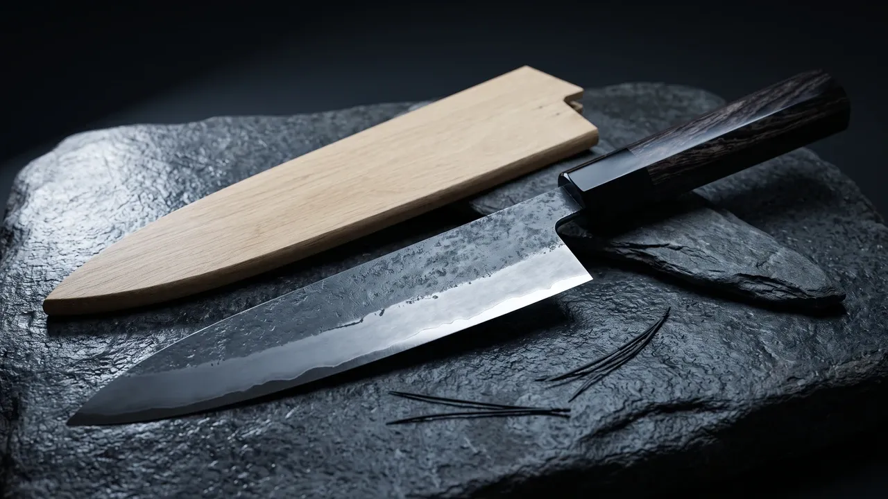 Cuchillo Yoshihiro Kurouchi Gyuto de 210 mm con hoja de forja negra y mango octogonal de ébano sobre losa de piedra de río gris, con su saya de madera clara detrás y unas acículas de pino negro