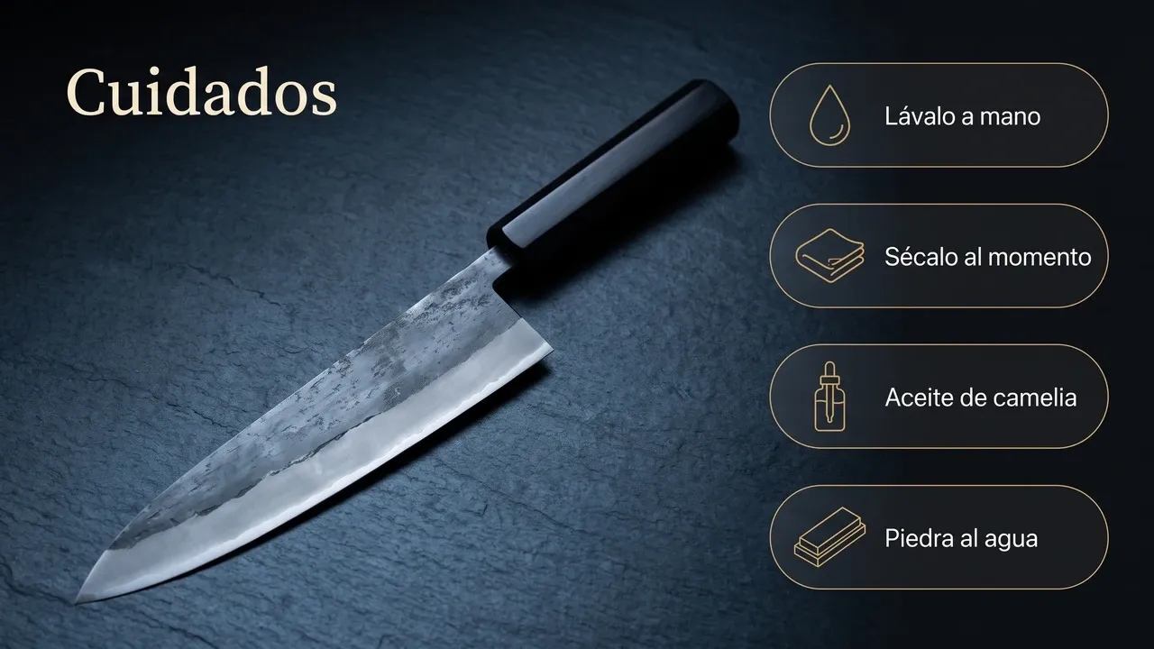 Cuidados del Yoshihiro Kurouchi Gyuto sobre piedra zen gris: secado inmediato del acero al carbono, aceite de camelia, tabla de madera y piedra al agua