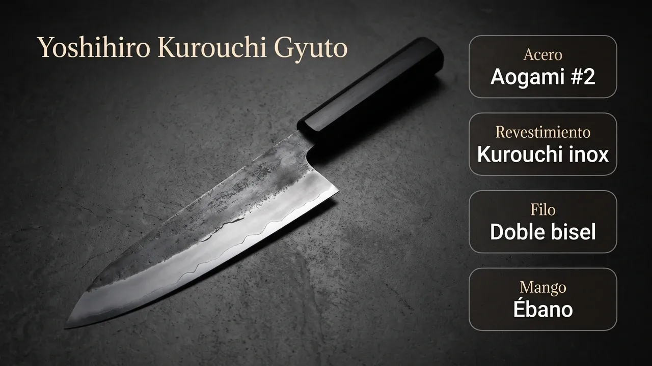 Datos del Yoshihiro Kurouchi Gyuto sobre cemento pulido: núcleo de acero azul Aogami 2, 62-63 HRC de dureza, doble bisel y mango de ébano