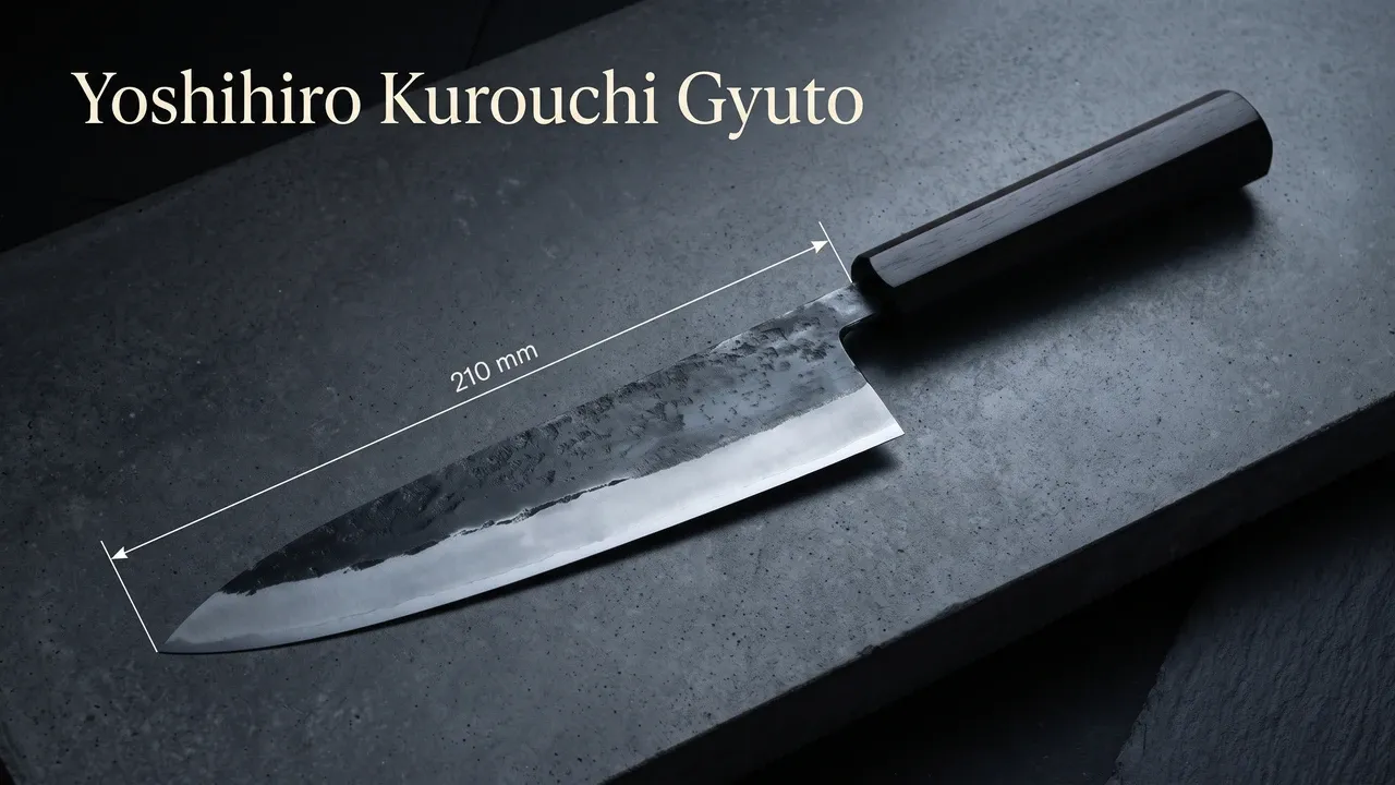 Cota de la hoja del Yoshihiro Kurouchi Gyuto sobre cemento pulido: 210 mm medidos de la punta a la virola