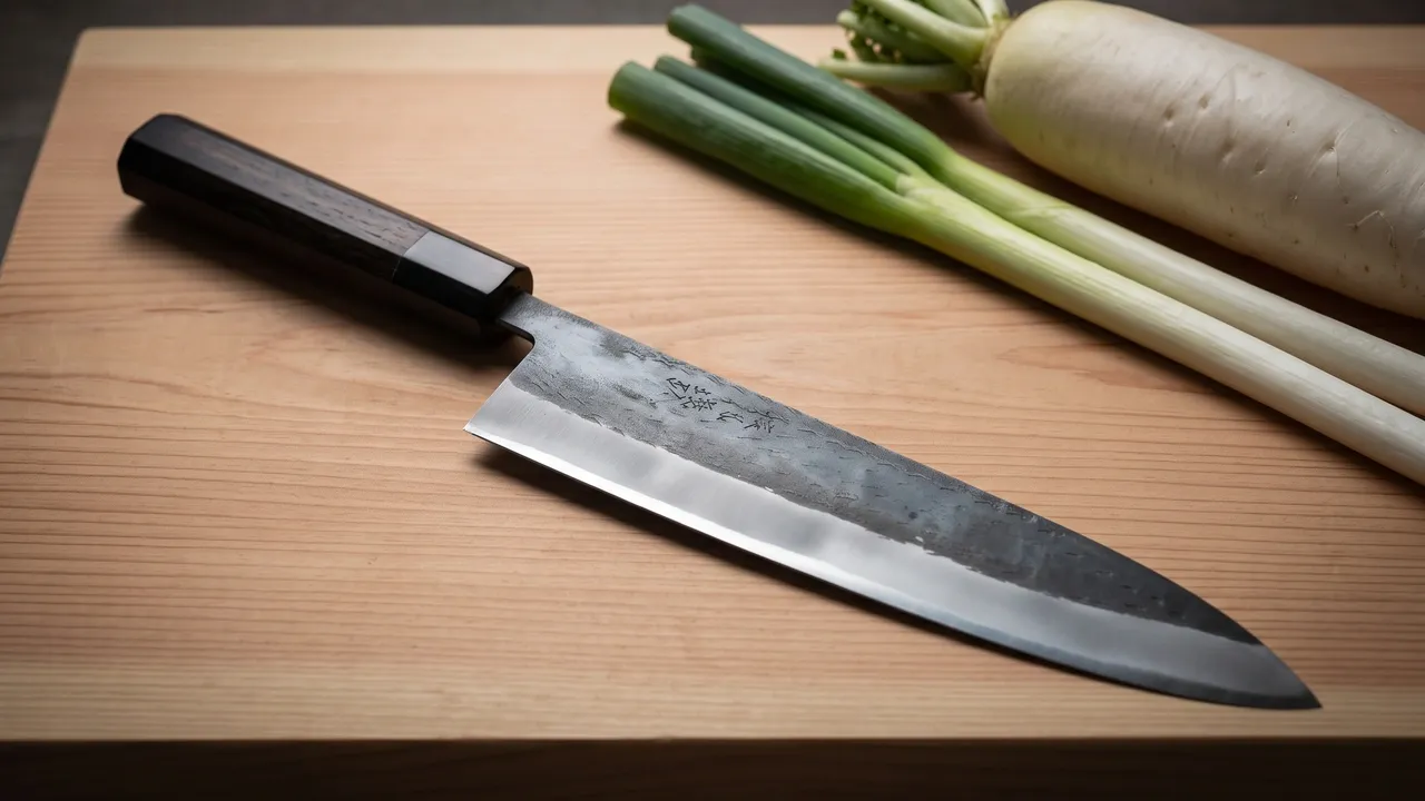 Yoshihiro Kurouchi Gyuto de 210 mm con hoja de forja negra y mango octogonal oscuro sobre tabla de cedro claro, junto a un daikon y cebolletas