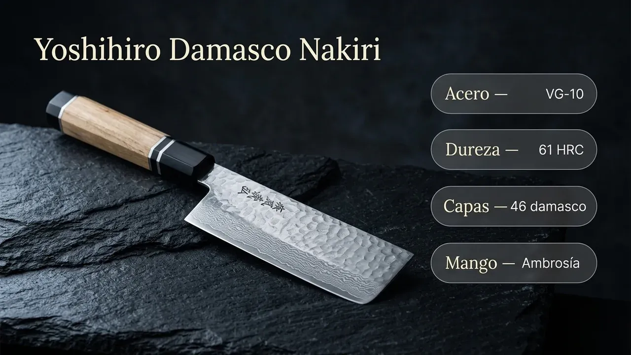 Ficha técnica del Yoshihiro Damasco Nakiri: núcleo VG-10, 61 HRC de dureza, 46 capas de damasco martillado y mango de ambrosía